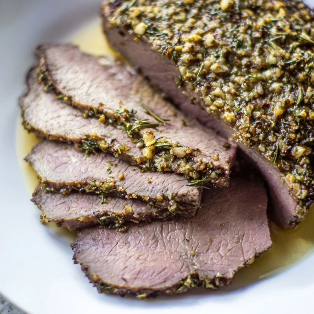 Herb Crusted Roast Beef Topside with a fragrant crust, sliced to show a tender center, paired with Yorkshire pudding and potatoes.