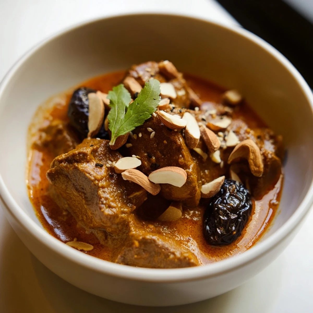 Slow-cooked lamb tagine with prunes, garnished with toasted almonds, sesame seeds, and fresh cilantro in a rustic pot.