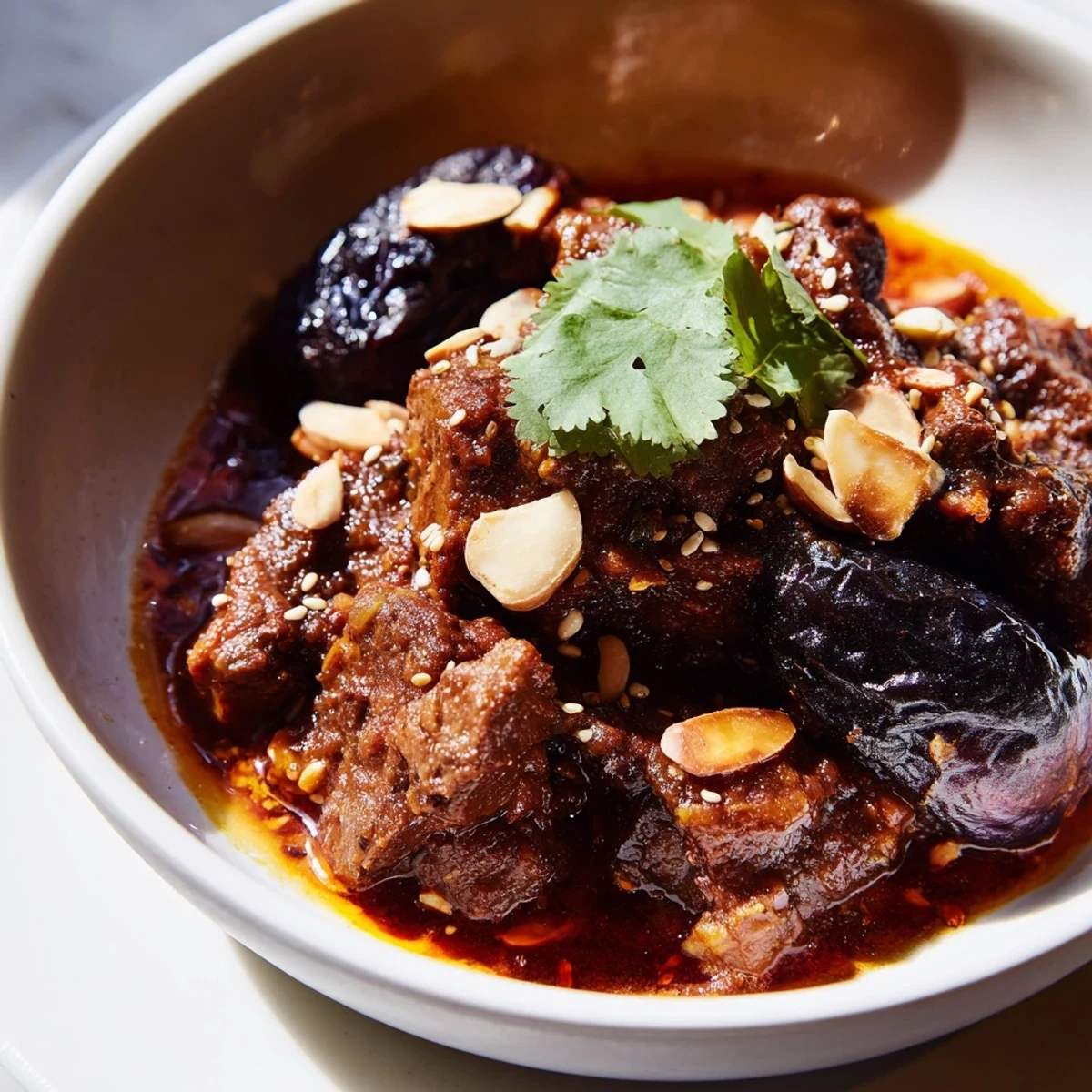 Fragrant slow-cooked lamb tagine with sweet prunes, cinnamon, and ginger, finished with toasted almonds and fresh herbs.