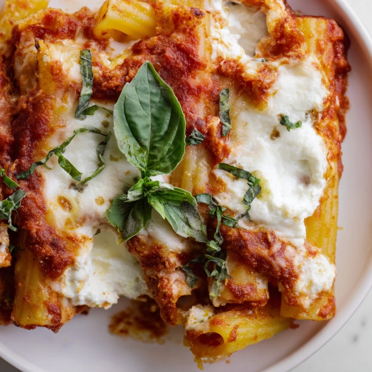 Golden, bubbling mozzarella tops this Baked Ziti with Ricotta and Marinara fresh from the oven.
