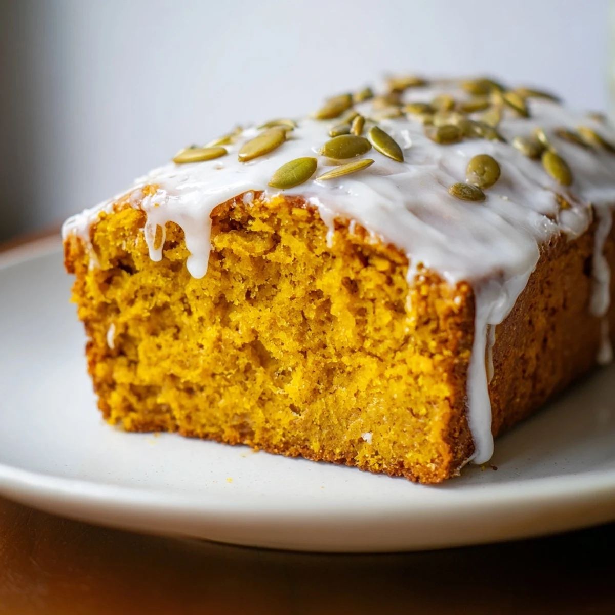 Close-up of moist Spiced Pumpkin Latte Loaf Cake slice revealing tender crumb with rich coffee aroma.