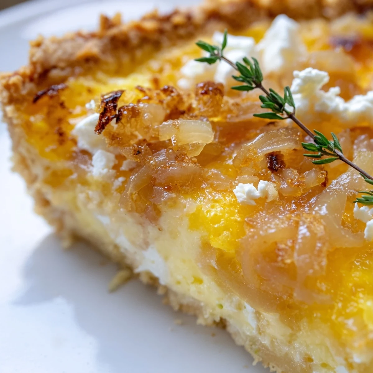 Golden slices of caramelized onion and creamy goat cheese fill this rustic French tart in a crisp, blind-baked pastry shell.