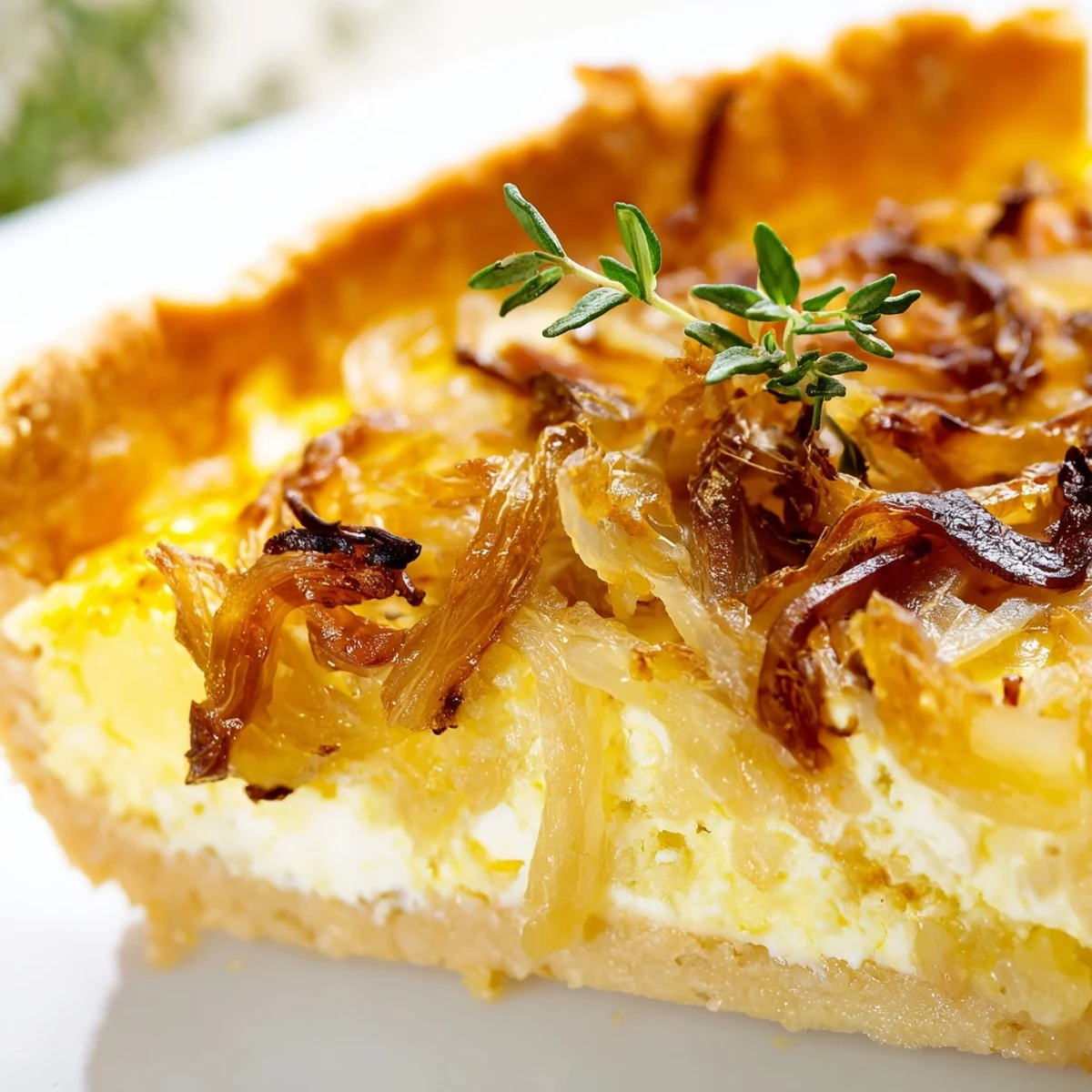 A close-up of the golden egg custard filling reveals crumbled goat cheese in this savory Caramelized Onion and Goats Cheese Tart.
