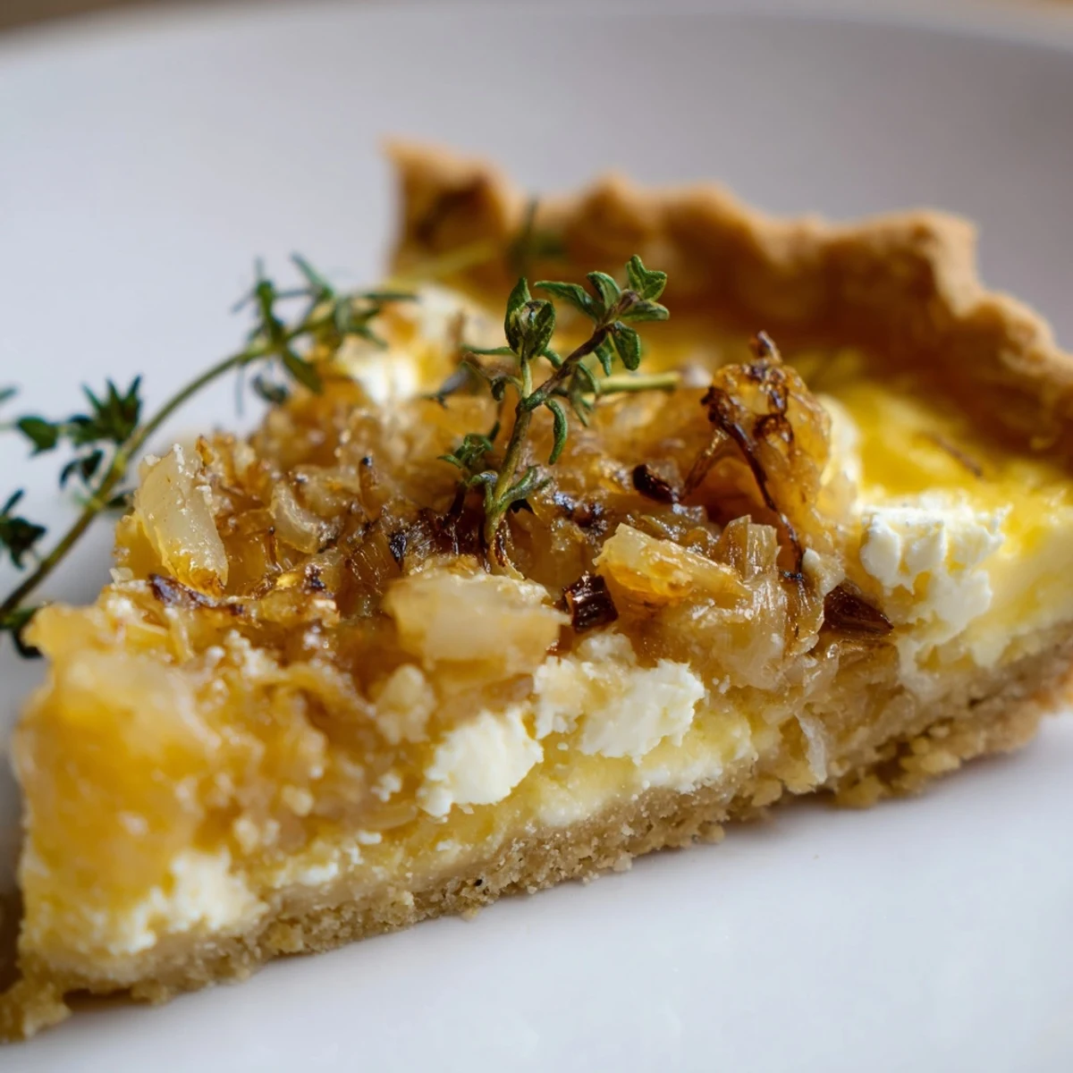 Fresh thyme garnish and a side salad pair beautifully with this warm Caramelized Onion and Goats Cheese Tart.