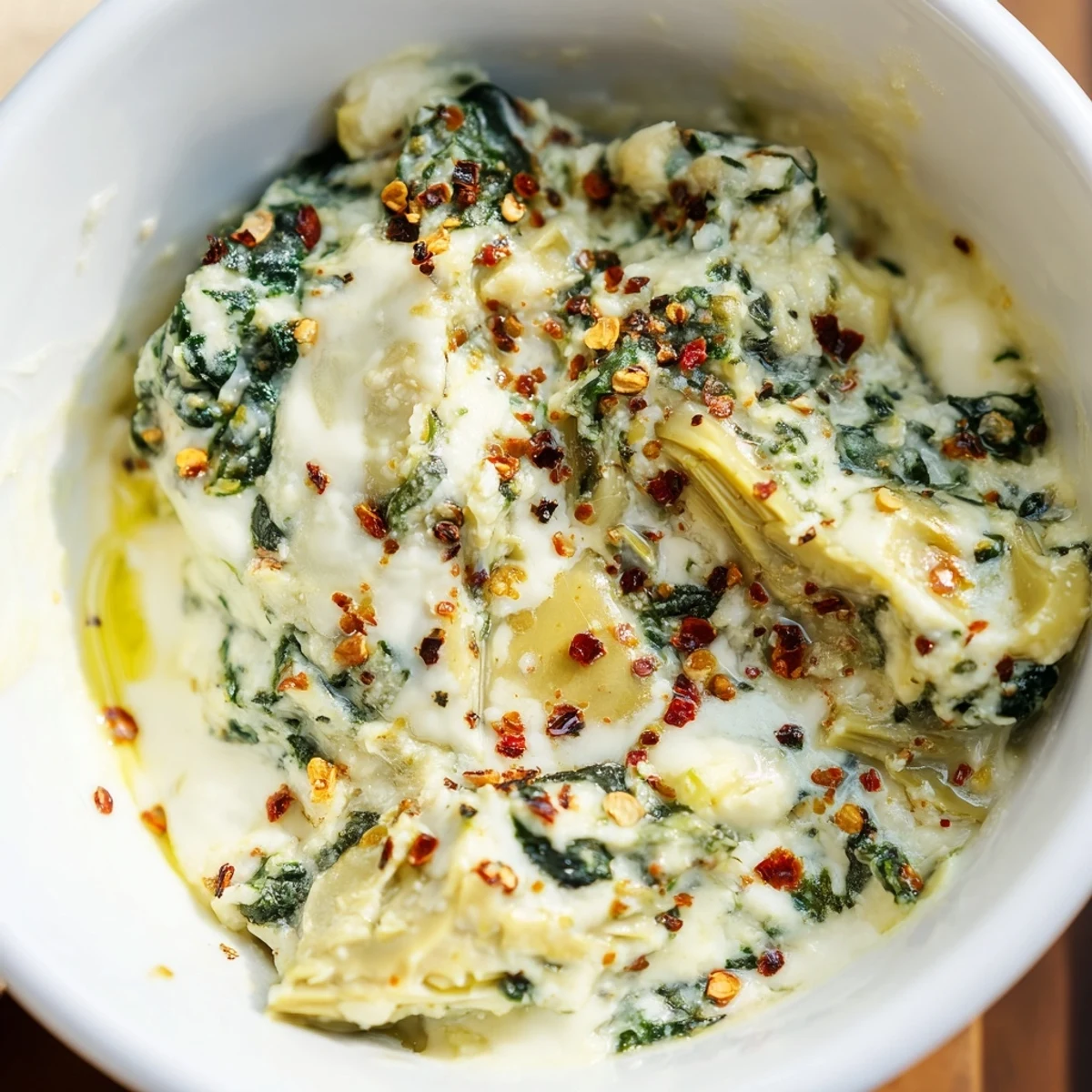 Creamy warm spinach and artichoke dip, golden and bubbly, paired with crisp, colorful crudités for dipping.