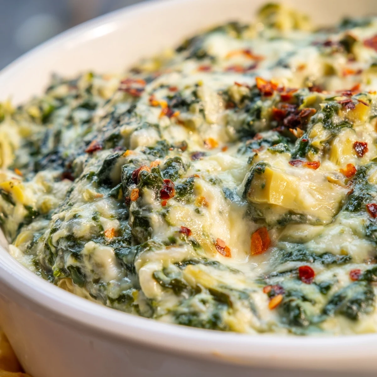 Warm spinach and artichoke dip beside crunchy radishes and tomatoes, an irresistible party appetizer ready to serve.