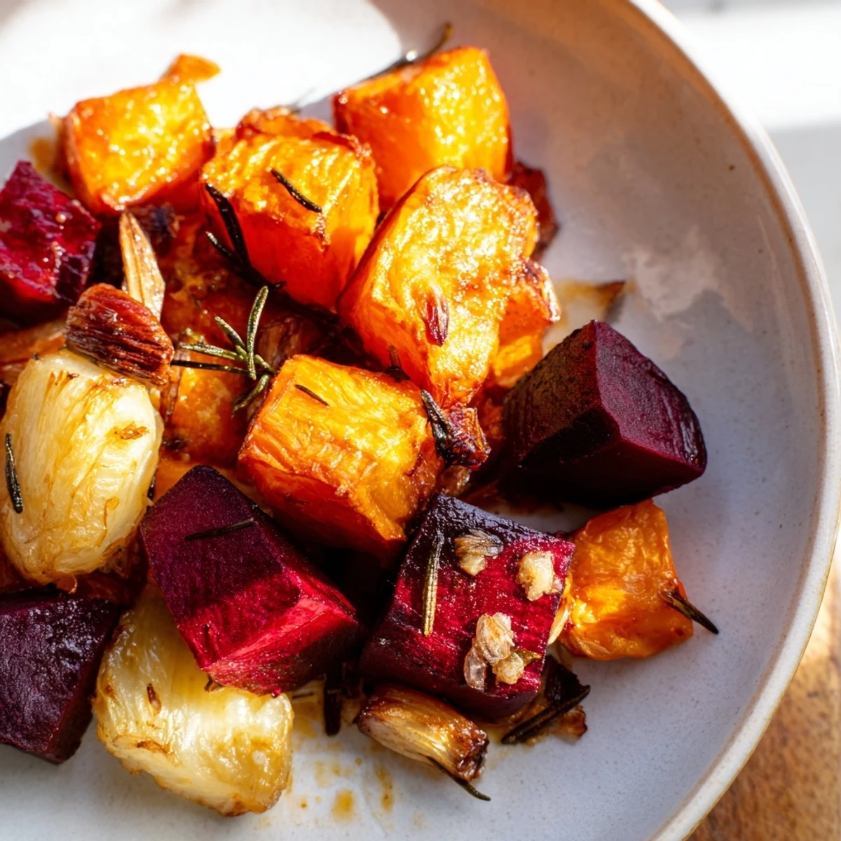 Roasted Root Vegetable Medley with Rosemary on a rustic wooden platter, garnished with fresh sprigs and steam rising.