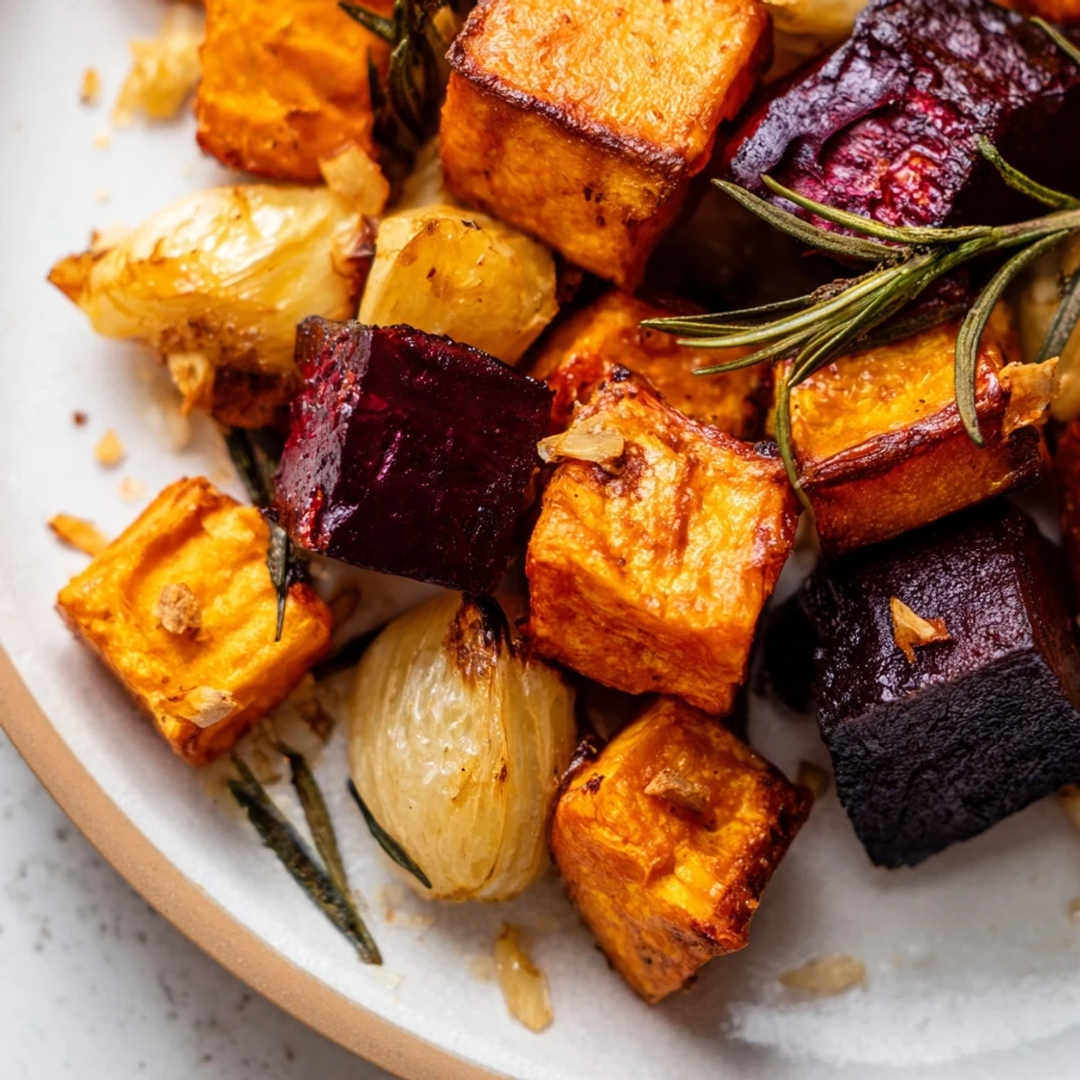 Colorful Roasted Root Vegetable Medley with Rosemary served alongside grilled chicken on a white plate for a cozy dinner.