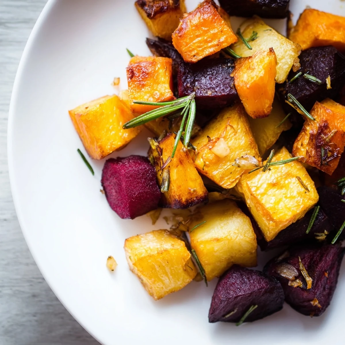 Golden, caramelized chunks of Roasted Root Vegetable Medley with Rosemary on a baking sheet lined with parchment.