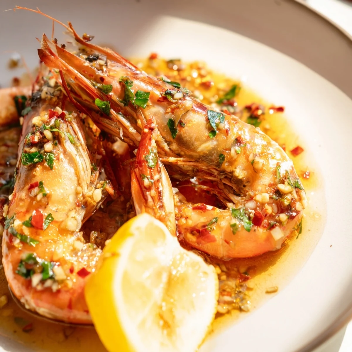 Sizzling Lemon Garlic Butter Prawns with Parsley in a glossy sauce, served hot from the skillet with lemon wedges and crusty bread on the side.