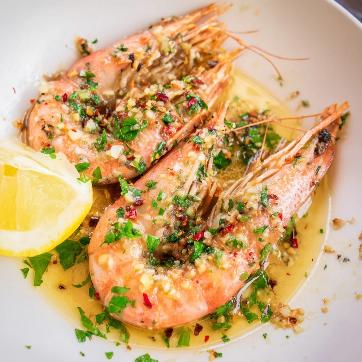 Close-up view of Lemon Garlic Butter Prawns with Parsley, glistening with butter and topped with fresh green herbs on a rustic dinner plate.