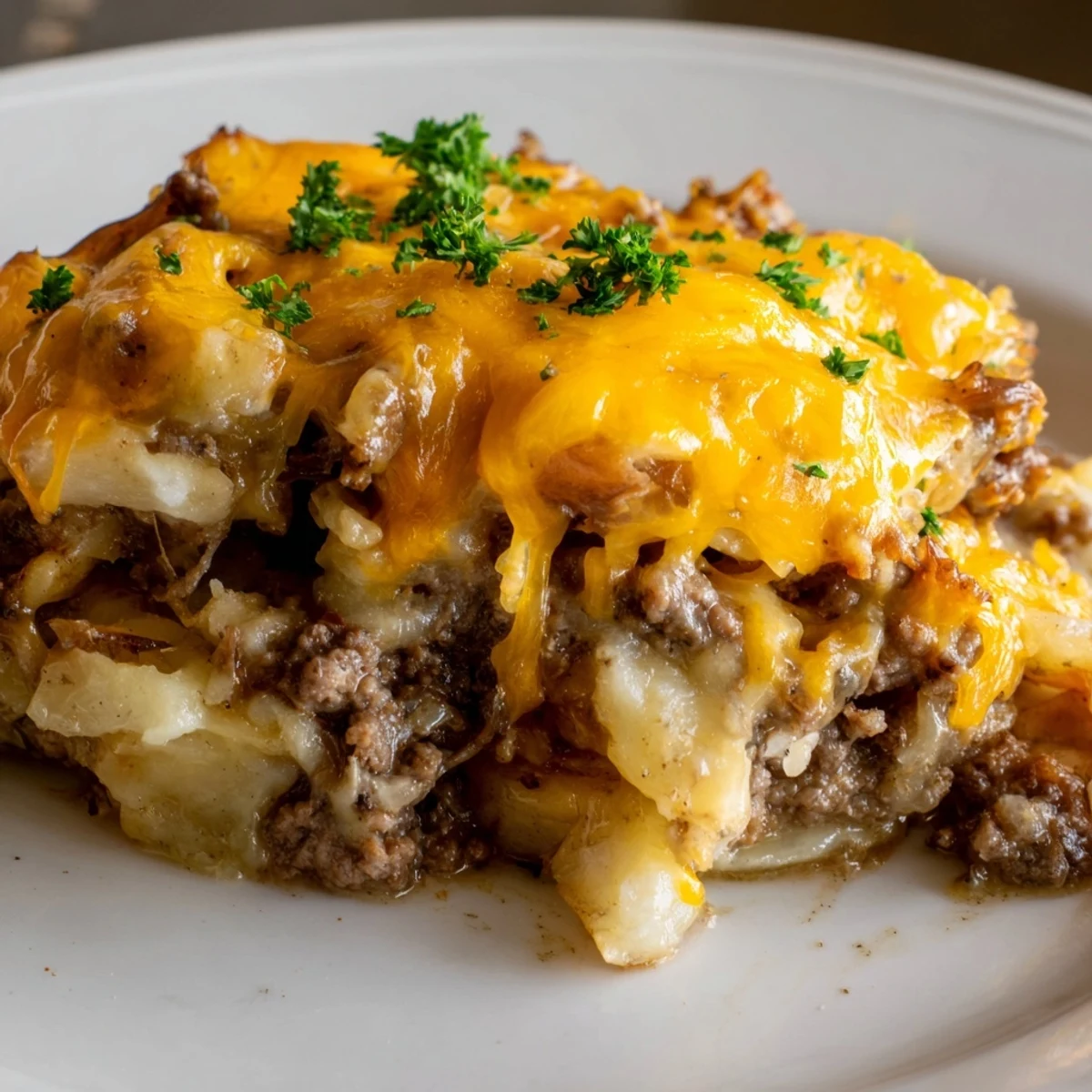 Golden melted cheddar covers this hearty Beef and Potato Casserole with Cheese, fresh from a bubbling oven.