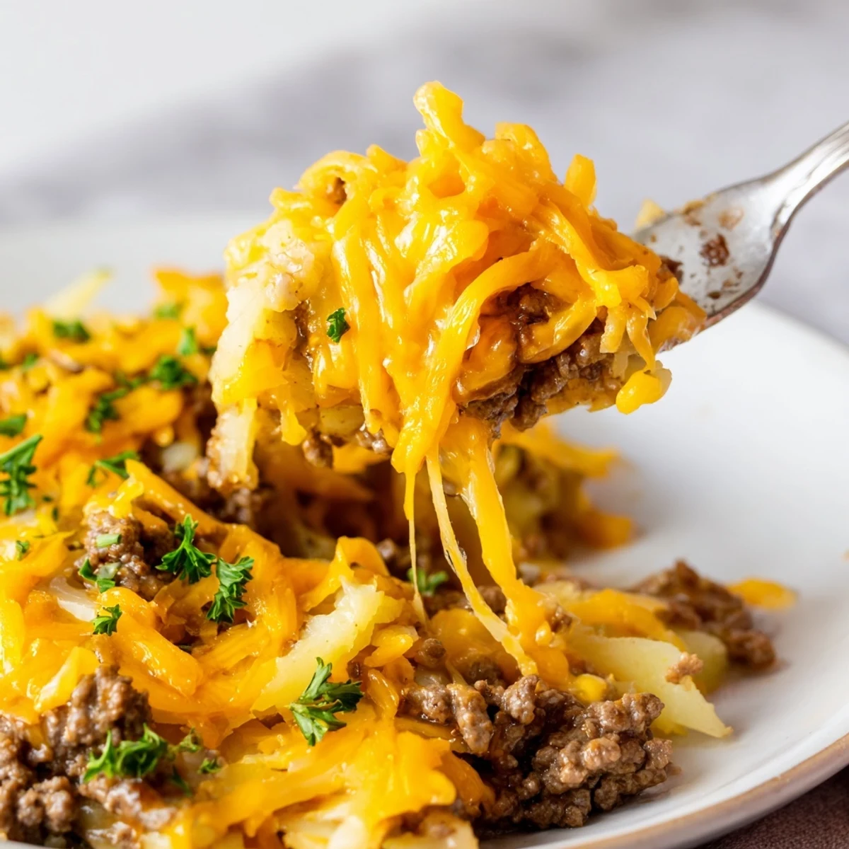 A plated slice of Beef and Potato Casserole with Cheese pairs beautifully with a crisp green salad.