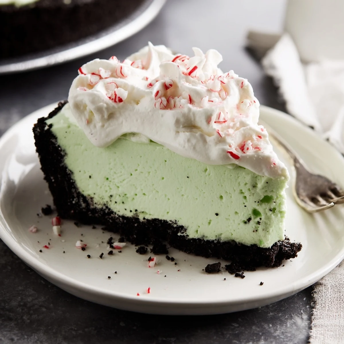 Perfectly set Peppermint Cheesecake with Oreo Crust sits in a springform pan, featuring a fluffy white whipped cream topping and festive red garnish. 
