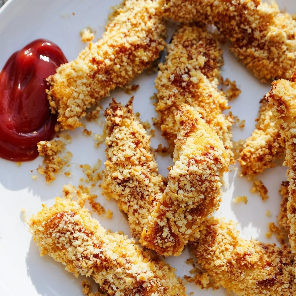 Golden-baked Parmesan chicken tenders served with a tangy dipping sauce and a fresh green salad.