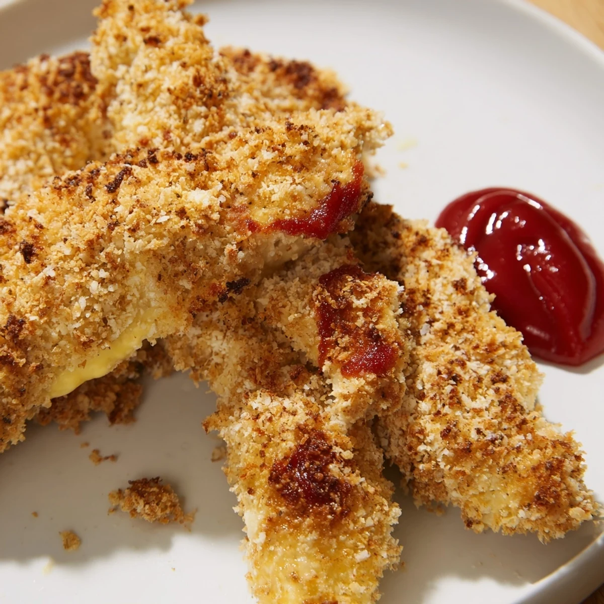 Crispy, golden-baked Parmesan chicken tenders with a creamy dipping sauce and lemon wedges on the side.
