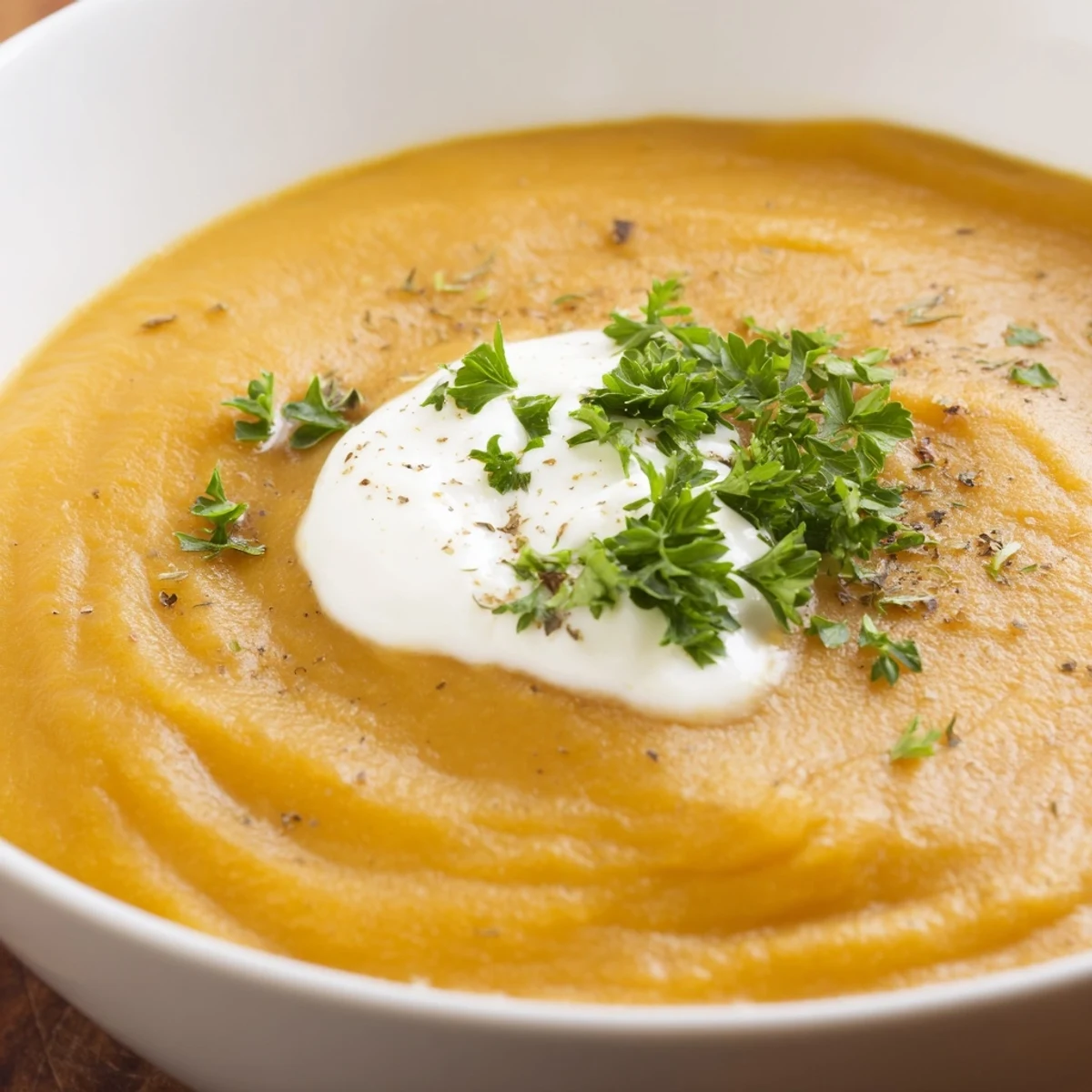 Bowl of velvety Roasted Root Vegetable Soup with Parsnip alongside rustic bread for dipping on a cozy table.