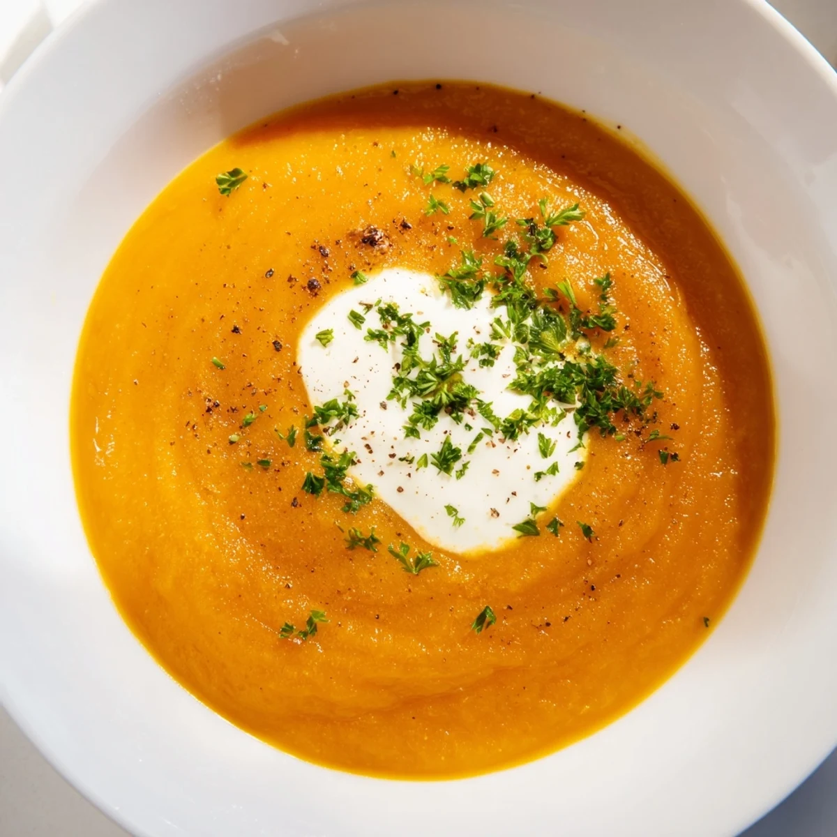 Creamy Roasted Root Vegetable Soup with Parsnip garnished with fresh parsley and a swirl of crème fraîche.
