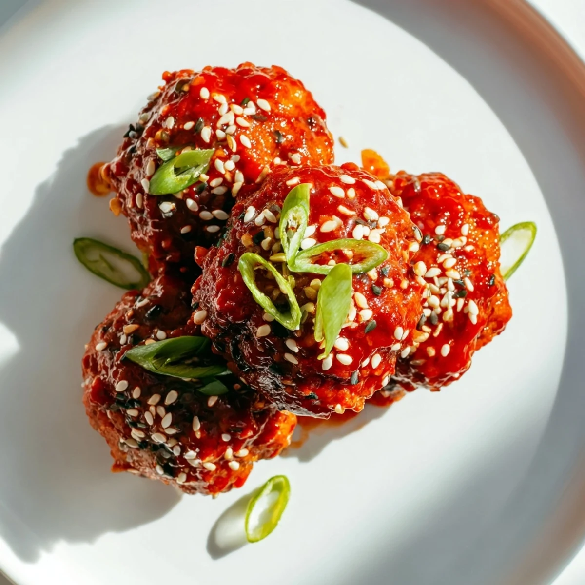 Tender Spicy Sriracha Beef Meatballs baked and glazed, ideal as party appetizers or piled over steamed rice for dinner.