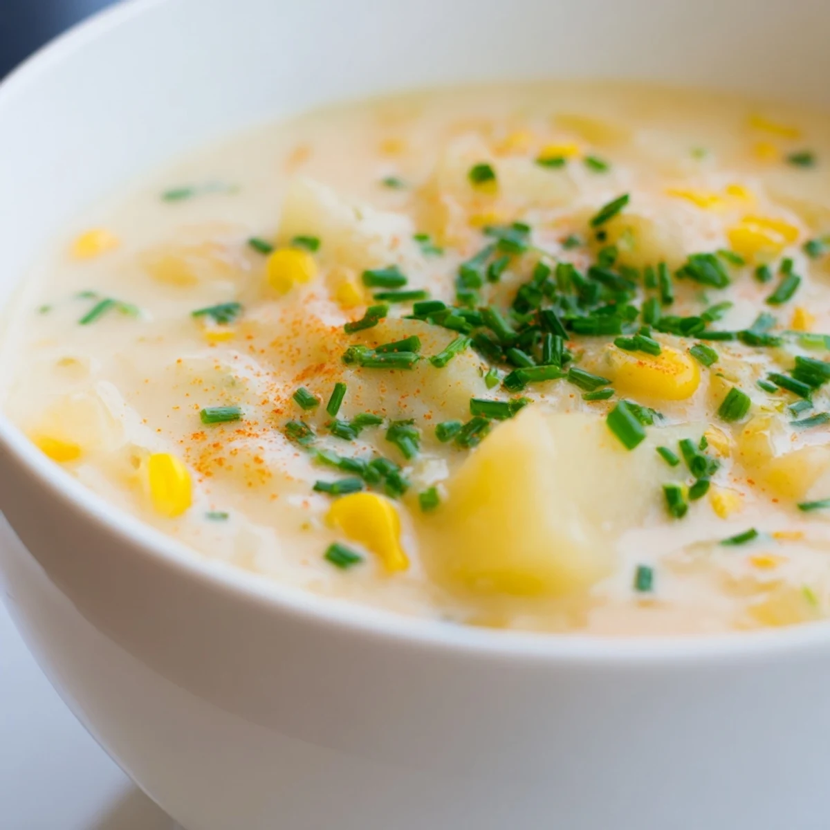 Creamy Corn Chowder with Smoked Paprika steaming in a rustic bowl, topped with chives and a light paprika dusting.