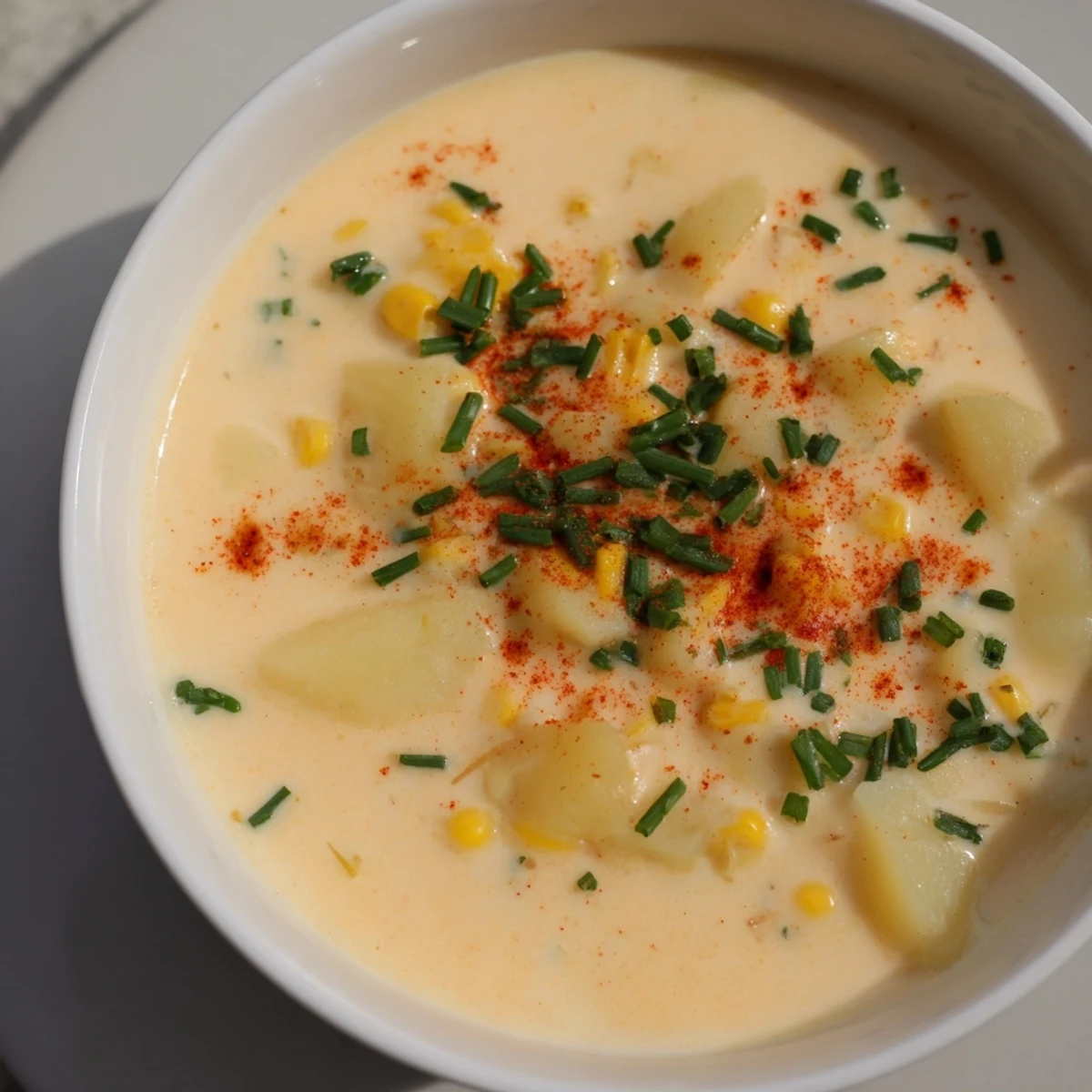 Velvety Creamy Corn Chowder with Smoked Paprika in a white bowl, garnished with fresh chives and a spoon mid-stir.