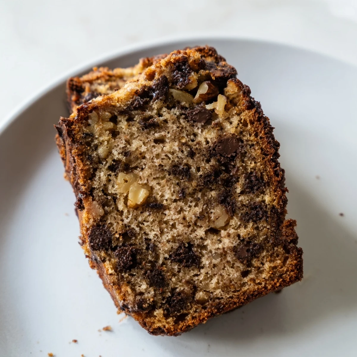 Freshly baked Chocolate Chip Banana Bread with walnuts shows a golden crust and tender crumb interior.