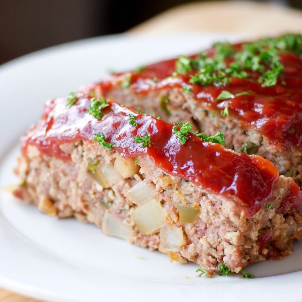 Golden-brown Turkey Meatloaf with Tomato Glaze resting on a white platter, showing off its caramelized, bubbly top and specks of parsley.