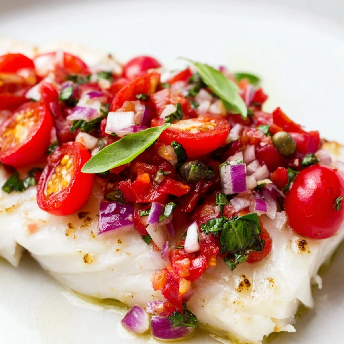 Golden-baked halibut fillets topped with fresh tomato basil relish on a white plate, served with lemon wedges.