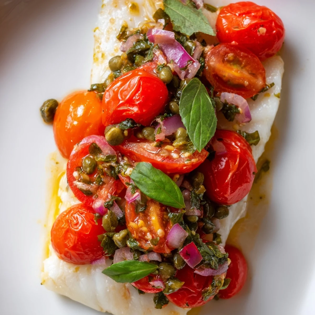 Flaky halibut straight from the oven, garnished with a vibrant tomato, basil, and caper relish and extra-virgin olive oil.