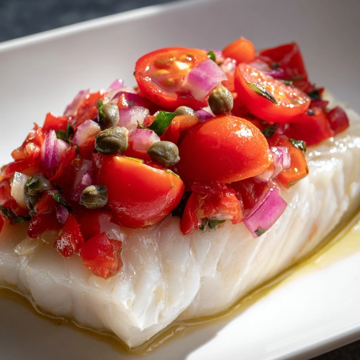Baked Halibut with Tomato Basil Relish plated over quinoa with asparagus, perfect for a light gluten-free dinner.