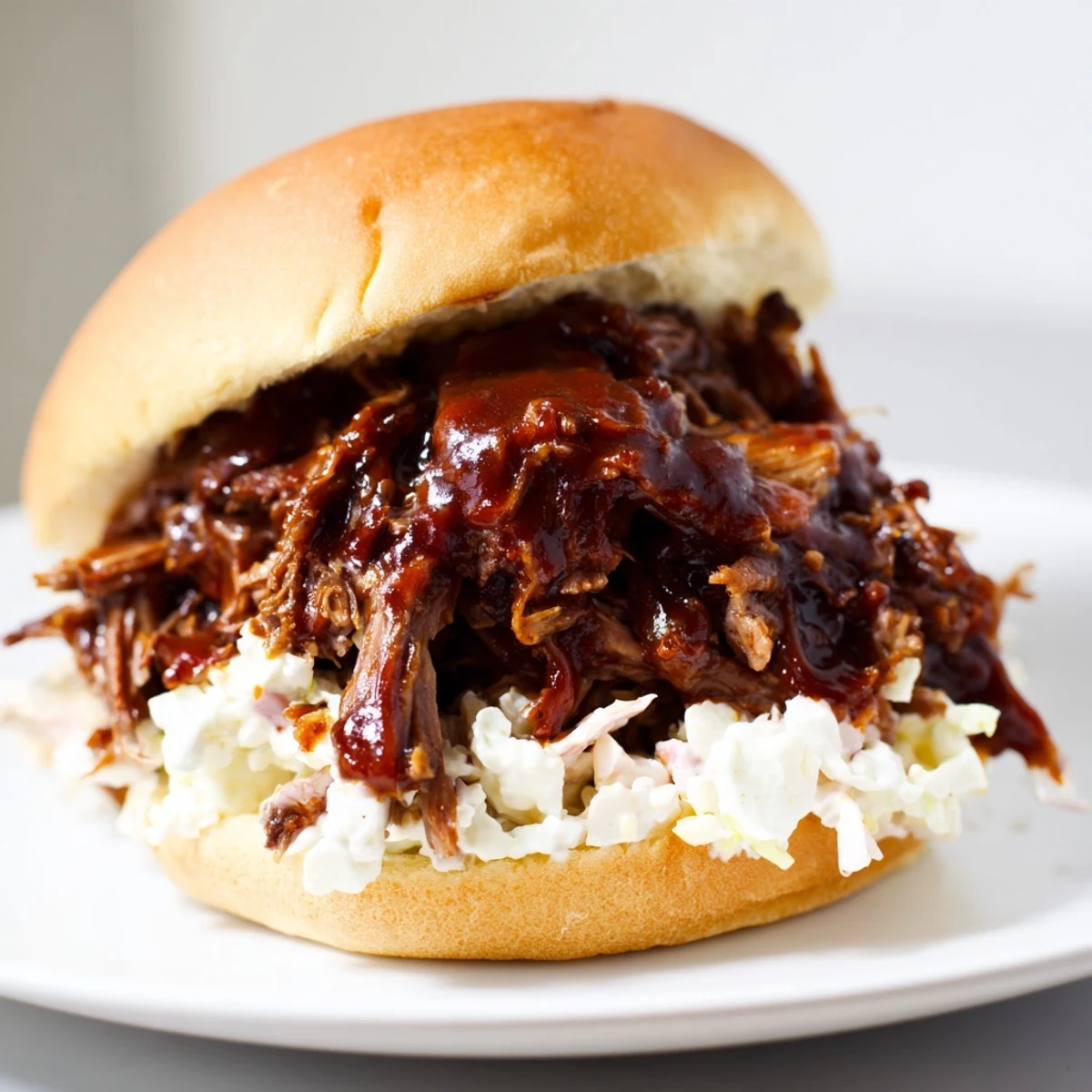 Fork-tender shredded beef from a slow cooker, piled onto toasted buns with smoky barbecue sauce for dipping.