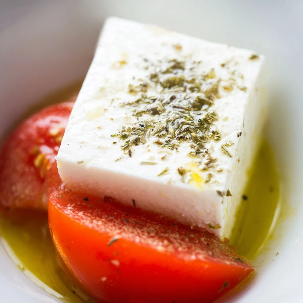 Crisp wedges of tomato and cucumber in a Greek Salad with Kalamata Olives and Feta, drizzled with olive oil and sprinkled with fragrant oregano.
