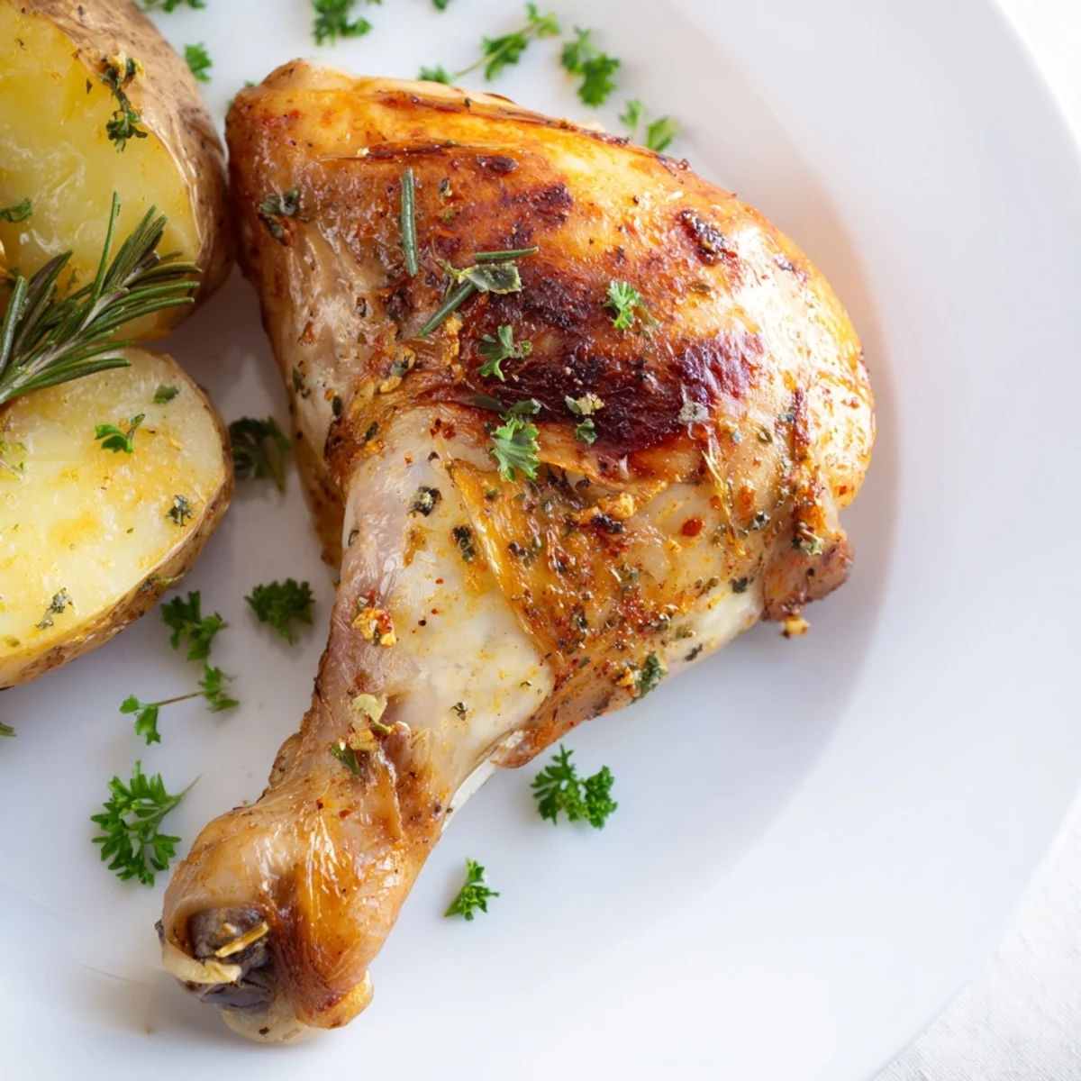 A whole roasted chicken with crispy skin rests beside golden potato wedges, fresh parsley, and lemon.