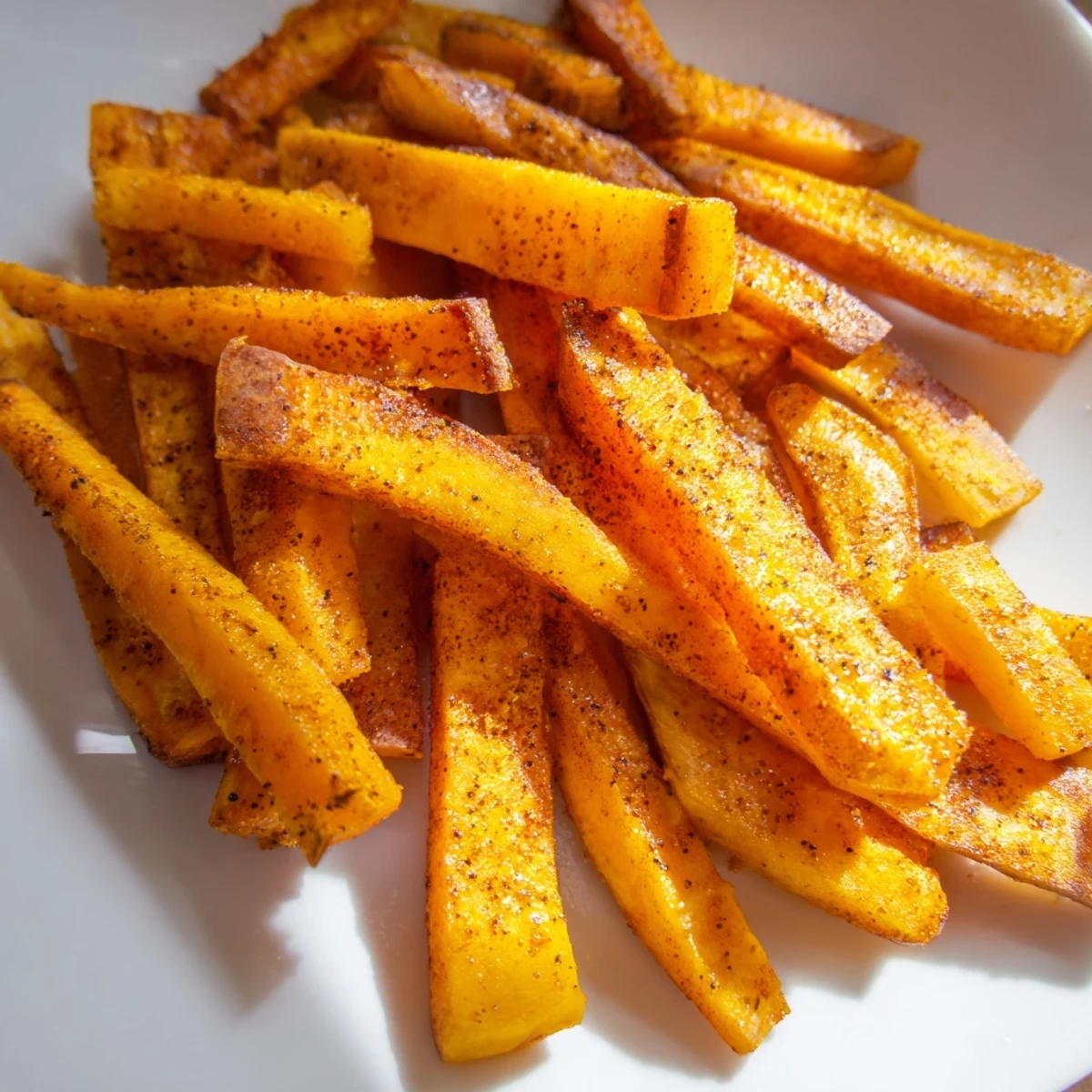 Golden, crispy air fryer sweet potato fries served in a white bowl, ready for dipping.