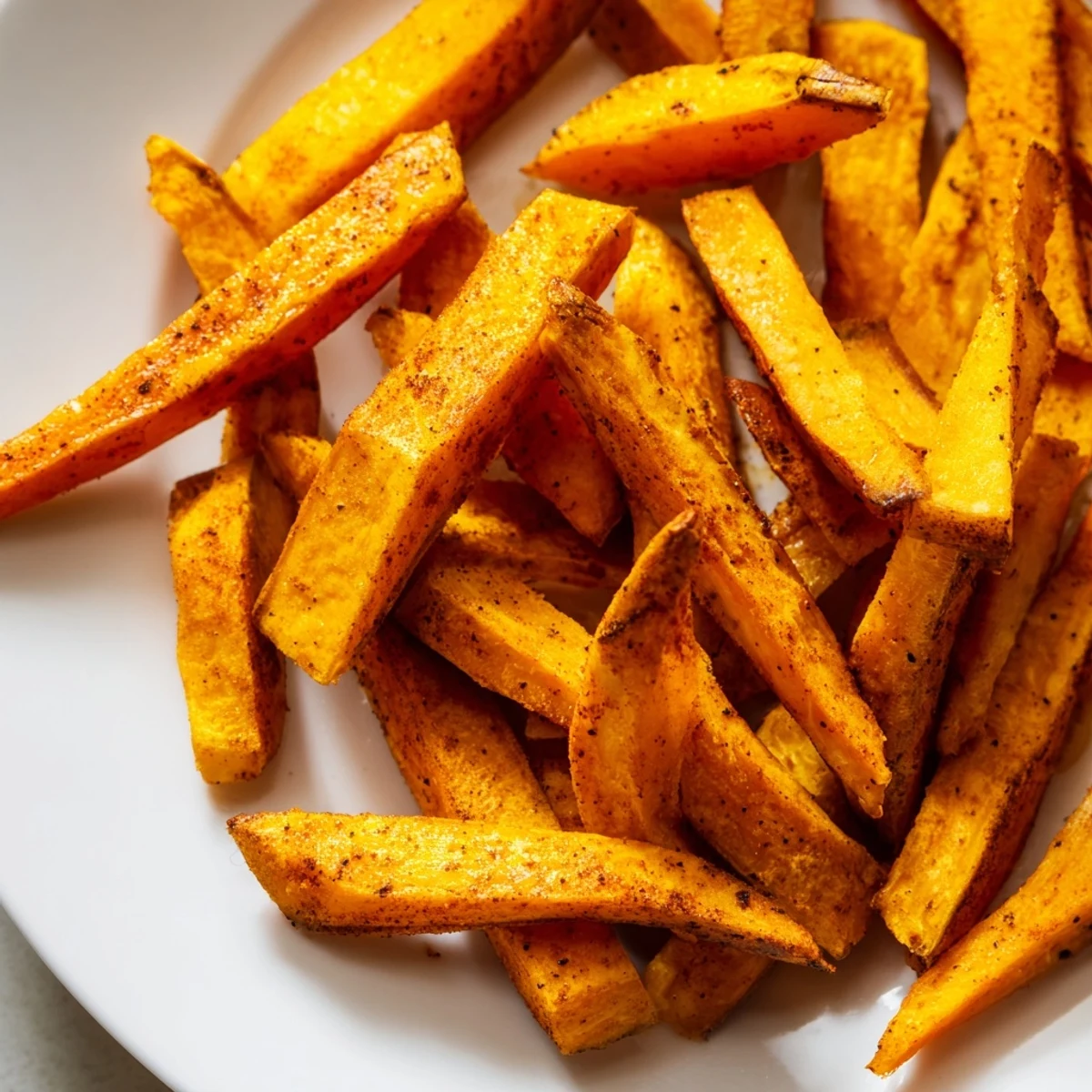 Perfectly seasoned sweet potato fries, air-fried to crispiness, served as a healthy vegetarian side dish.