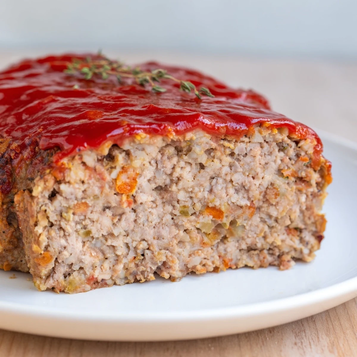 Freshly baked turkey loaf slice topped with a tangy ketchup glaze on a white plate, steam rising.