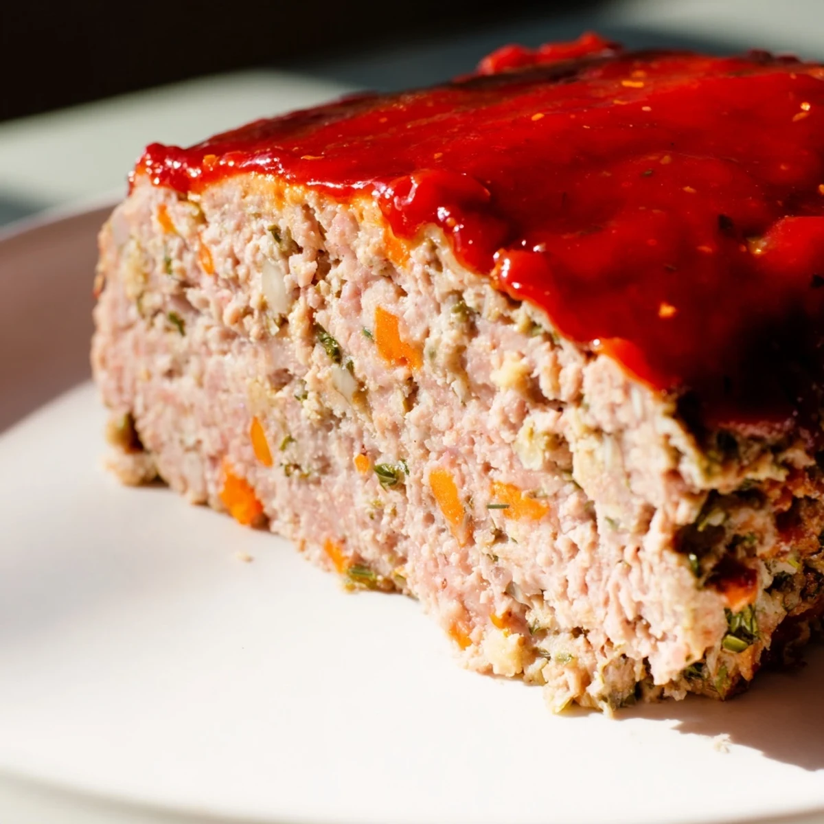 Close-up of a moist turkey loaf slice revealing ground turkey, grated carrots, and herbs inside.