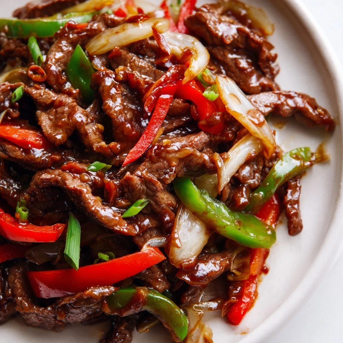 A close-up of Spicy Stir Fry Beef with colorful bell peppers and onions in a glossy sauce.