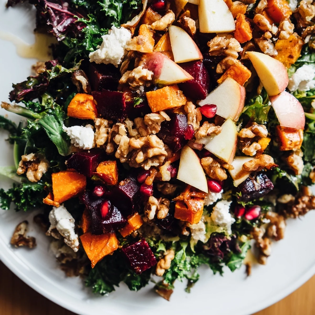 Close-up of Winter Salad Mix featuring toasted walnuts, pomegranate seeds, and apple slices on a bed of peppery arugula.