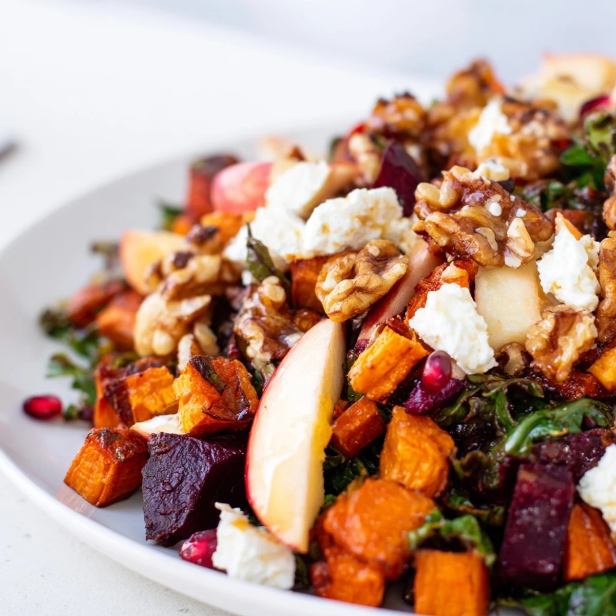 A hearty serving of Winter Salad Mix with roasted sweet potato, beets, and kale, tossed in a bright orange vinaigrette.