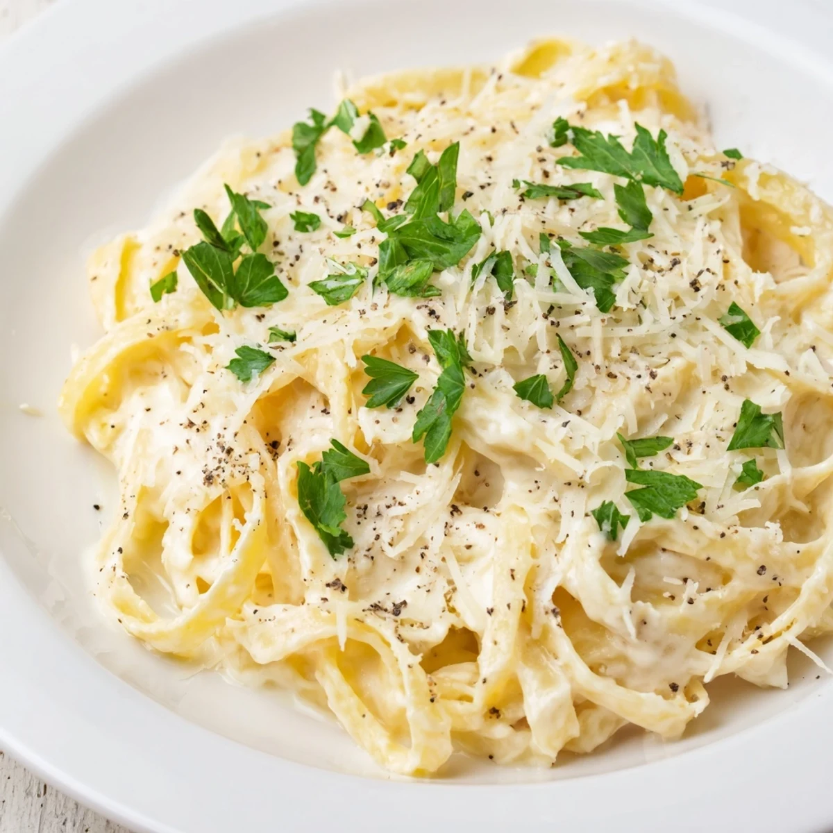 Overhead view of Creamy Sauce over Pasta on a slate platter, finished with shaved Parmesan and cracked pepper.