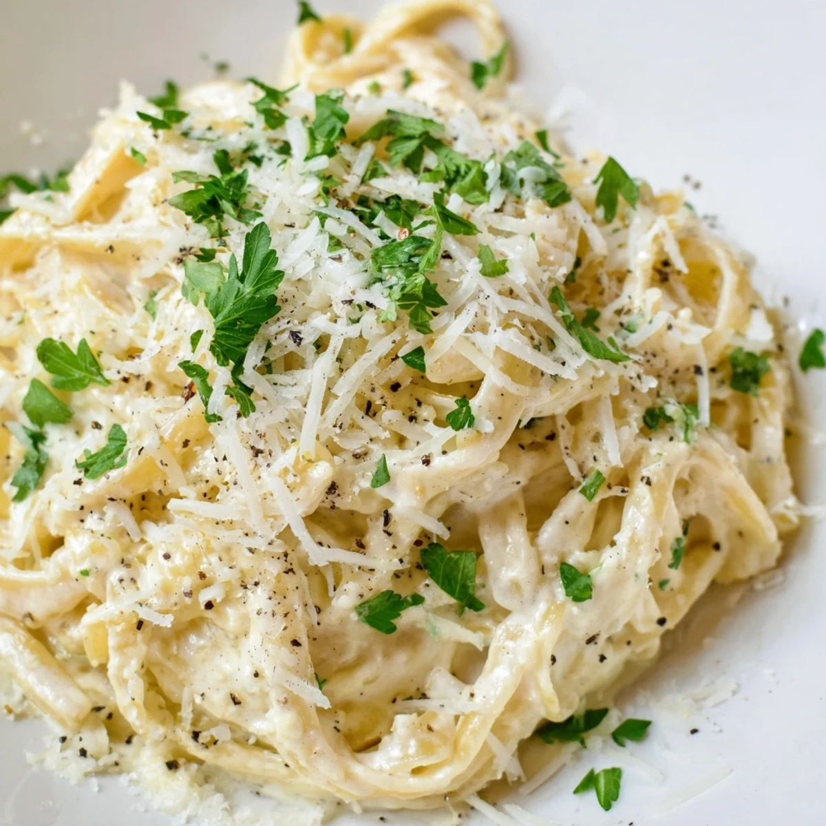 A white bowl of Creamy Sauce over Pasta, steaming beside a wine glass on a rustic table.
