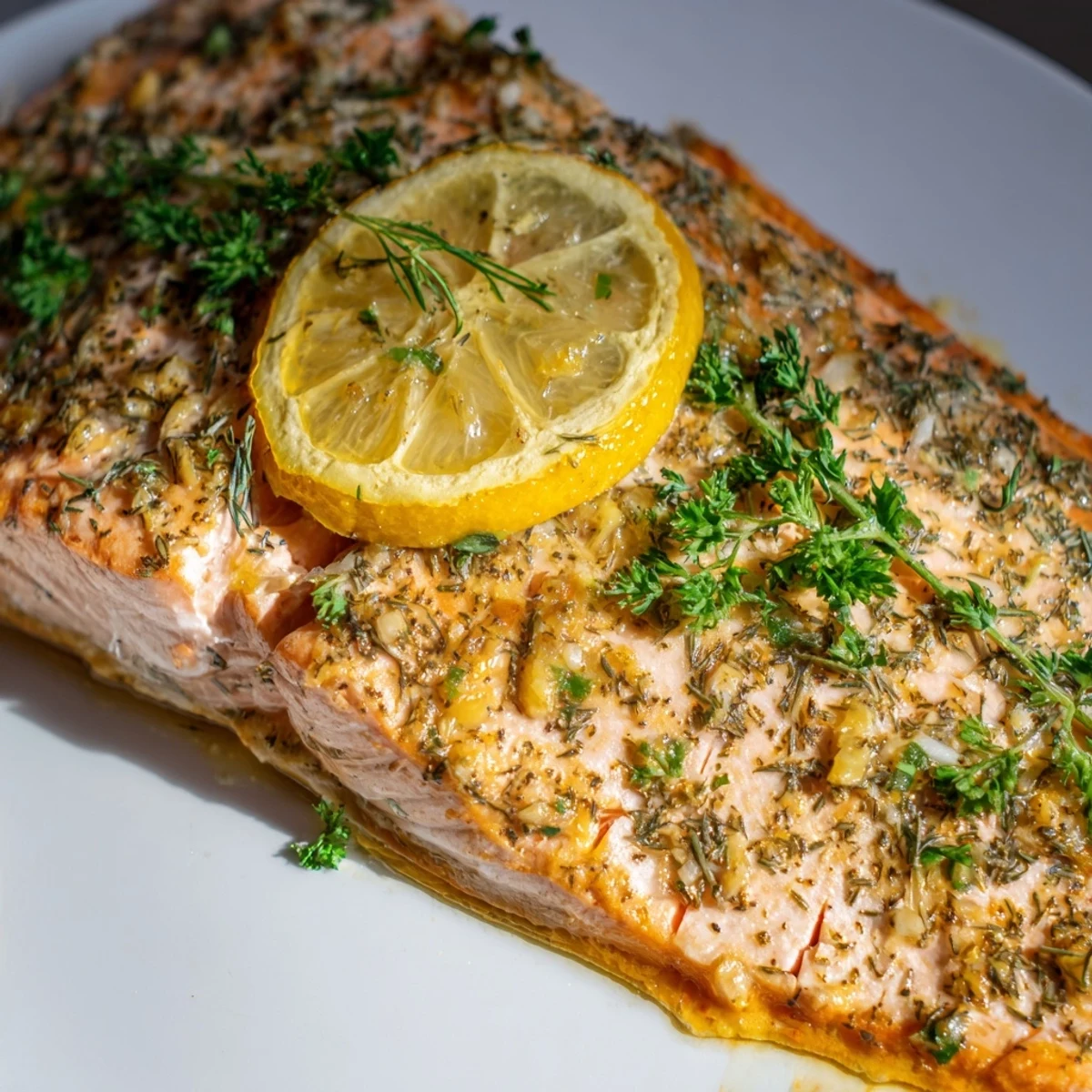 Golden-brown baked salmon fillet topped with lemon slices and fresh dill, resting on a white plate with roasted asparagus.