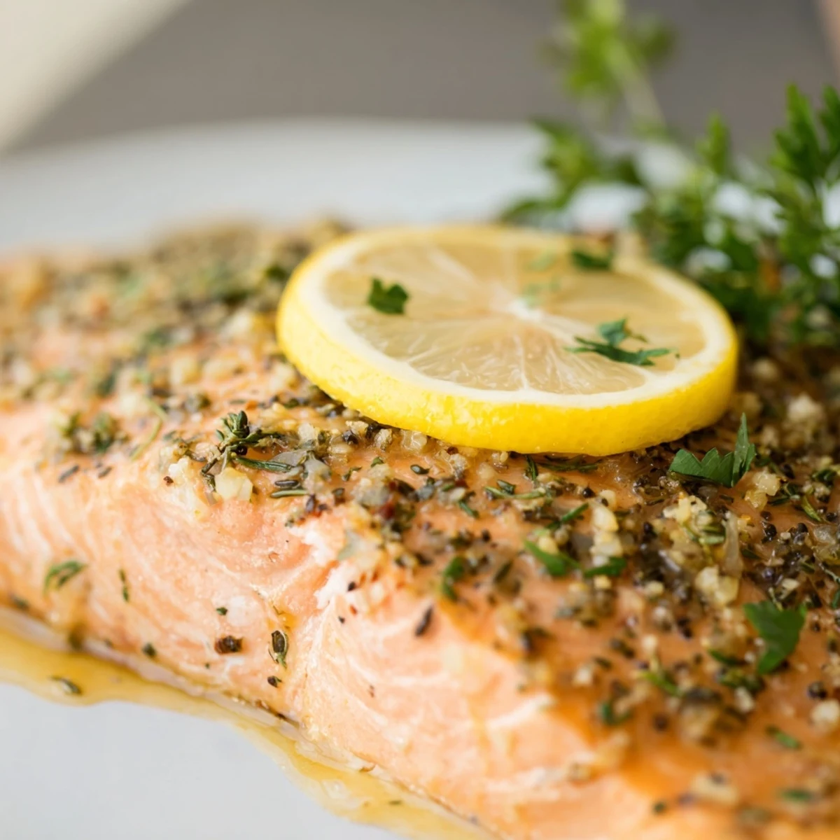 Succulent baked salmon fillet flaking easily with a fork, drizzled with lemon-herb sauce alongside steamed broccoli and rice.