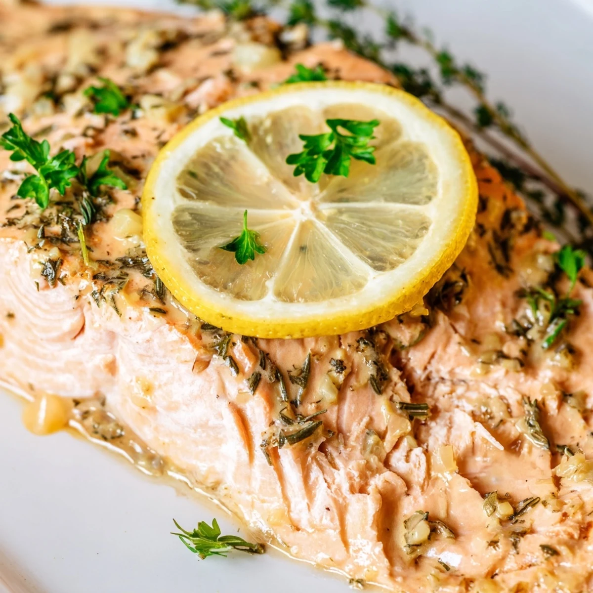 Freshly baked salmon fillet garnished with chopped parsley, served family-style on a wooden board with lemon wedges.