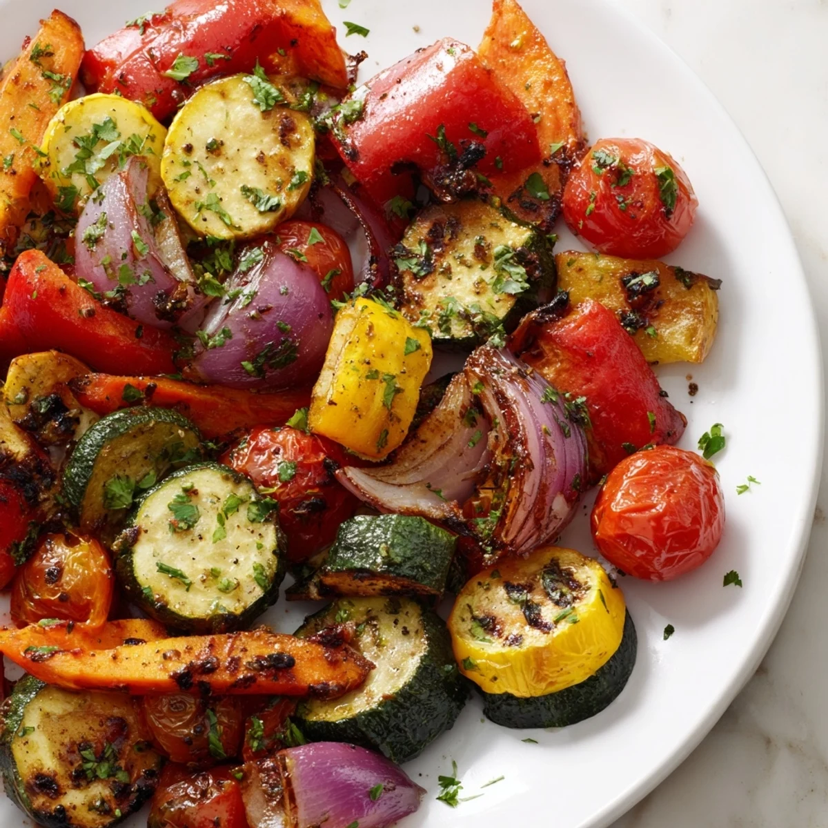 A close-up of roasted vegetable mix with golden carrots and red onion, seasoned with herbs and garlic.