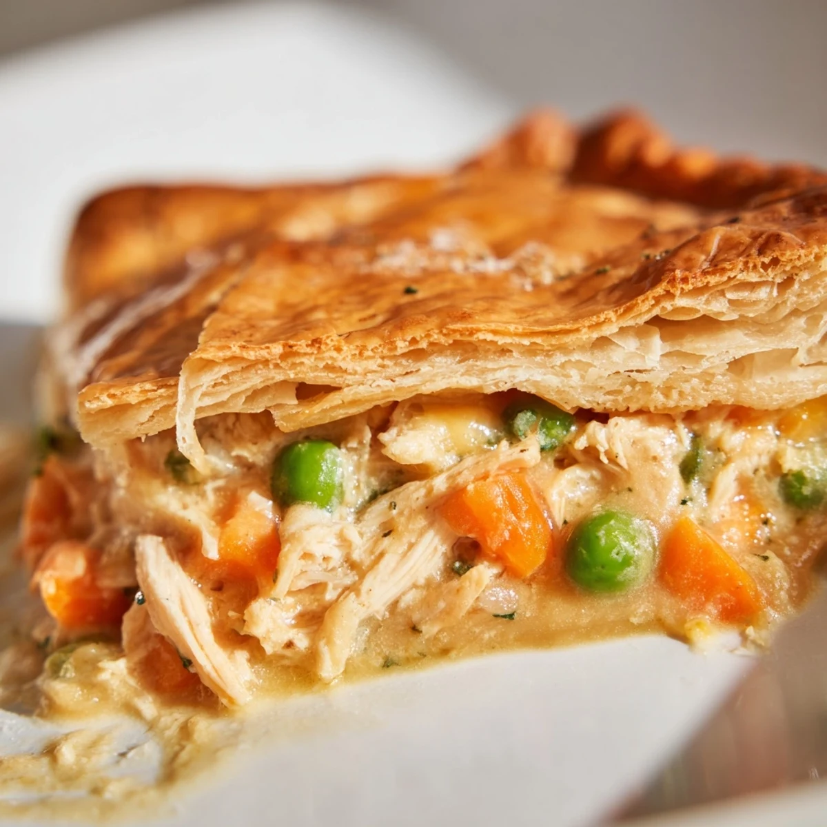 Steaming hot Chicken Pie Casserole fresh from the oven, featuring a golden flaky crust and bubbling creamy chicken filling.