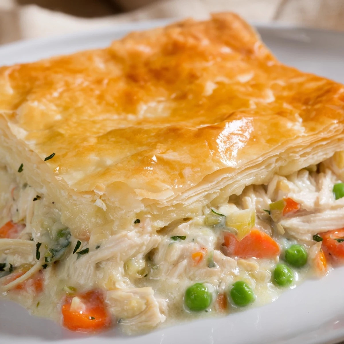 Bubbling Chicken Pie Casserole served in a dish, loaded with tender chicken, peas, and carrots, perfect for a family dinner.