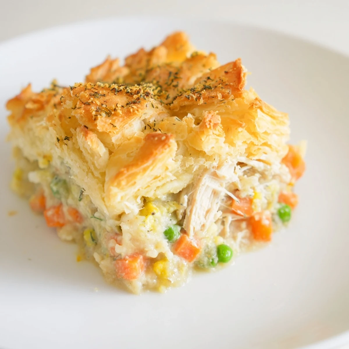 Slices of homemade Chicken Pie Casserole on a plate, revealing a creamy filling and flaky crust, ideal for comforting weeknight meals.