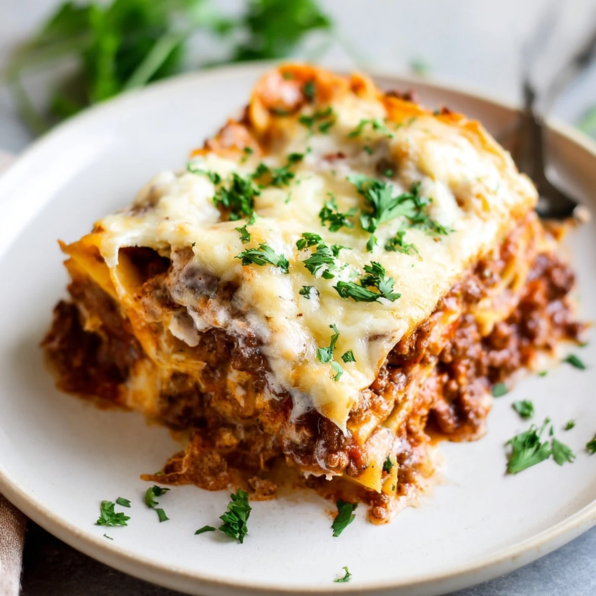 Fork cutting into a cheesy slice of Classic Beef Lasagna with rich beef ragù filling.